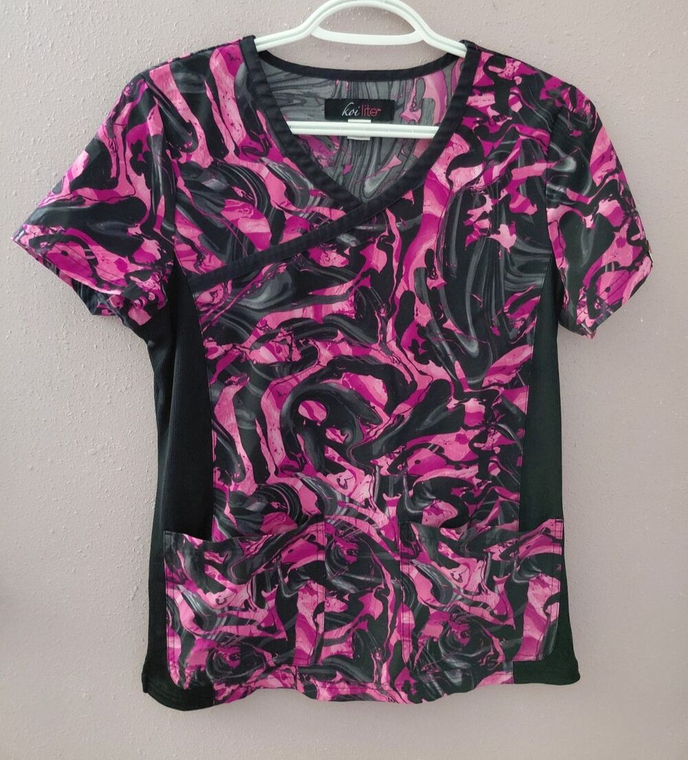 Koi Lite Scrub Top Women's XS Pink Gray Swirl Print Medical Shirt